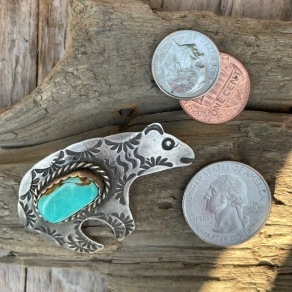 Signed AJC Native American Navajo Sterling Silver Turquoise Bear Pin - Picture 12 of 14